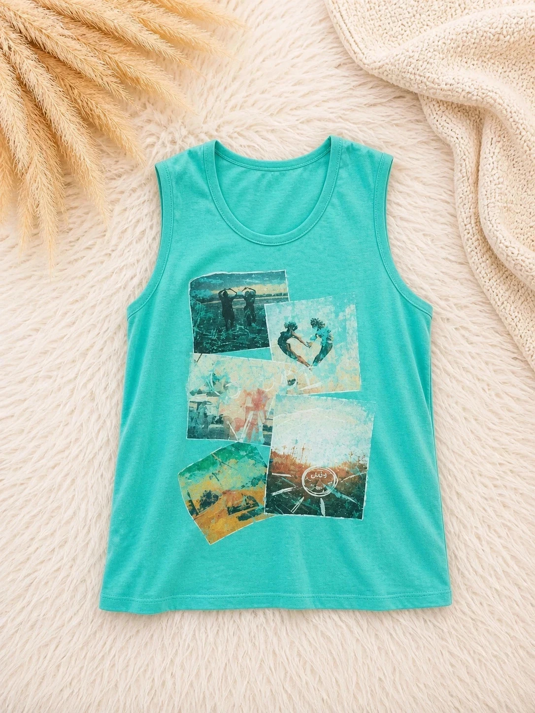 Débardeur fille T.12 ans vert/turquoise motif été plage